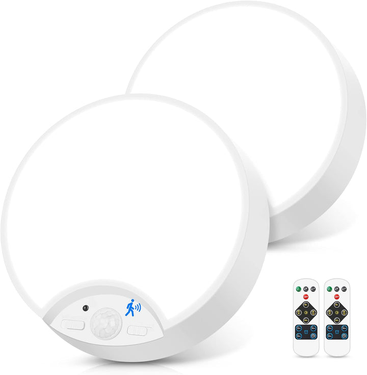 Lakumu Motion Sensor LED Ceiling Lights (2-Pack) - 7.48 Inch, 6500K Dimmable Flush Mount Fixtures with Remotes, Wireless Ceiling Lamps for Closet, Pantry, Laundry, Garage (Batteries Not Included)