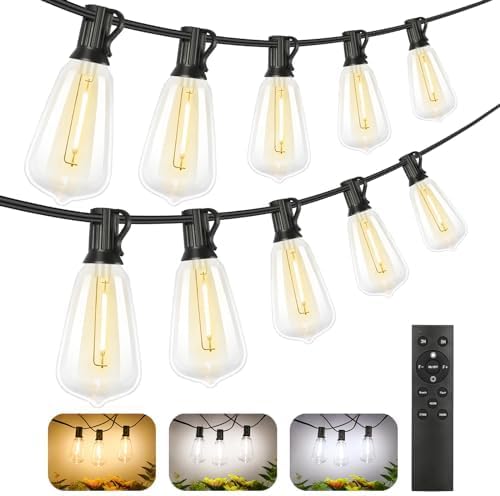 100ft Outdoor String Lights - Dimmable 3-Color LED Bulbs, Remote Control - Patio Cafe Bistro Lighting