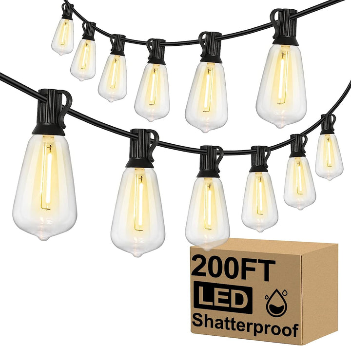 Waterproof Outdoor String Lights - 200 Ft with 100+4 Shatterproof LED Filament Bulbs - Dimmable Hanging Patio Lights for Christmas, Party, Cafe (2-Pack 100FT)