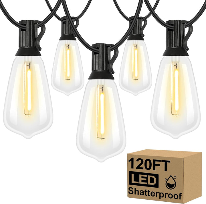 Outdoor String Lights 120ft - Weatherproof LED Patio Lights with 62 Vintage Shatterproof Bulbs for Garden, Balcony, Porch