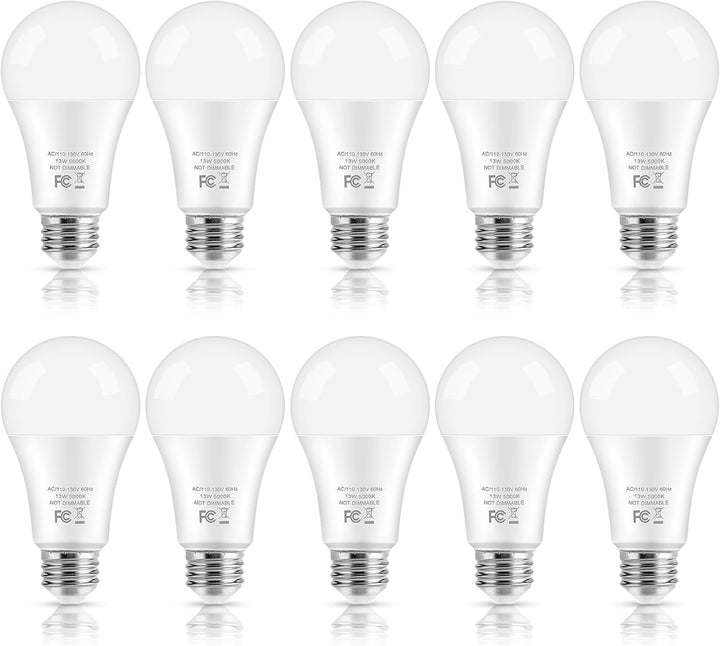 100W Equivalent LED Light Bulbs - 13W, 5000K Daylight White, 1500 Lumens, Non-Dimmable, E26 Base (10-Pack)