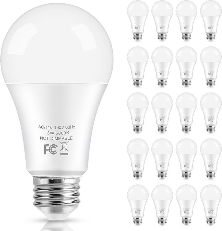 100W Equivalent LED Light Bulbs - 13W, 5000K Daylight White, 1500 Lumens, Non-Dimmable, E26 Base (20-Pack)