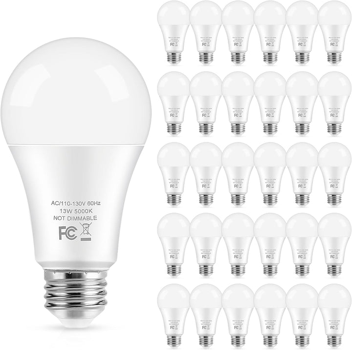 100W Equivalent LED Light Bulbs - 13W, 5000K Daylight White, 1500 Lumens, Non-Dimmable, E26 Base (30-Pack)