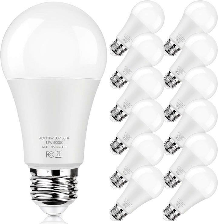 Super Bright 1500 Lumen LED Light Bulbs - 100W Equivalent, 13W, 5000K Daylight White, Non-Dimmable, No Flicker - 12 Pack for Home, Bedroom, Office