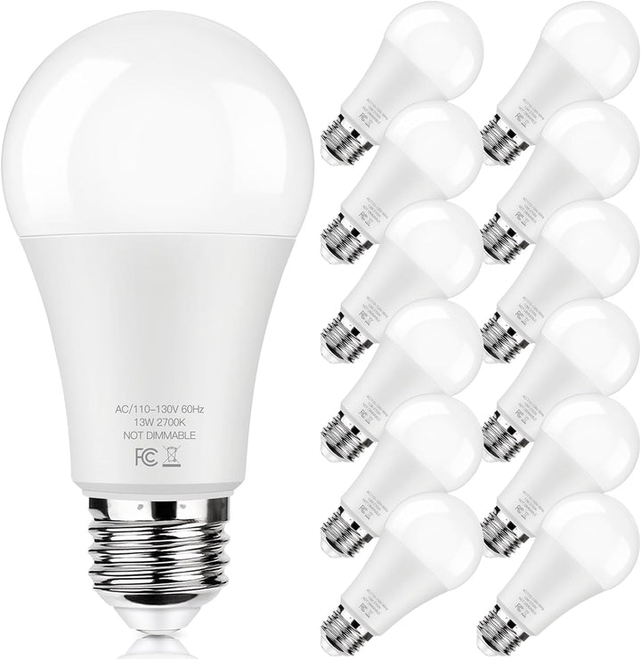 Super Bright 1500 Lumen LED Light Bulbs - 100W Equivalent, 13W, 2700K Warm White, Non-Dimmable, No Flicker - 12 Pack for Home, Bedroom, Office