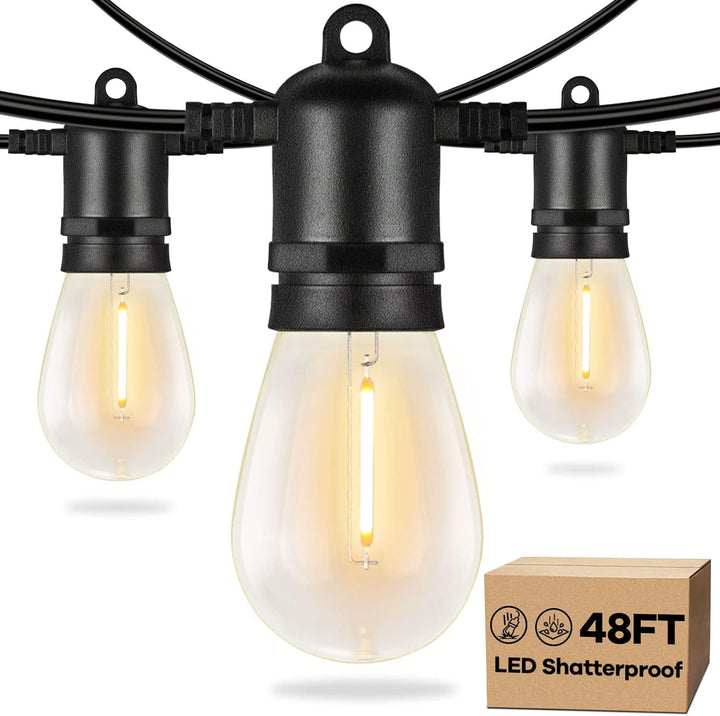 Outdoor String Lights 48FT - Waterproof LED Patio Lights with 16 Vintage Edison S14 Bulbs, 2700K Warm White for Porch, Deck, Balcony, Cafe