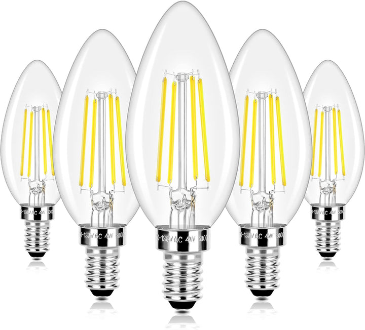 5-Pack of 4W E12 Candelabra LED Bulbs, 40W Equivalent, 470 Lumens, 5000K Daylight White, Classic Filament Design, Non-Dimmable Decorative Lighting for Lamps