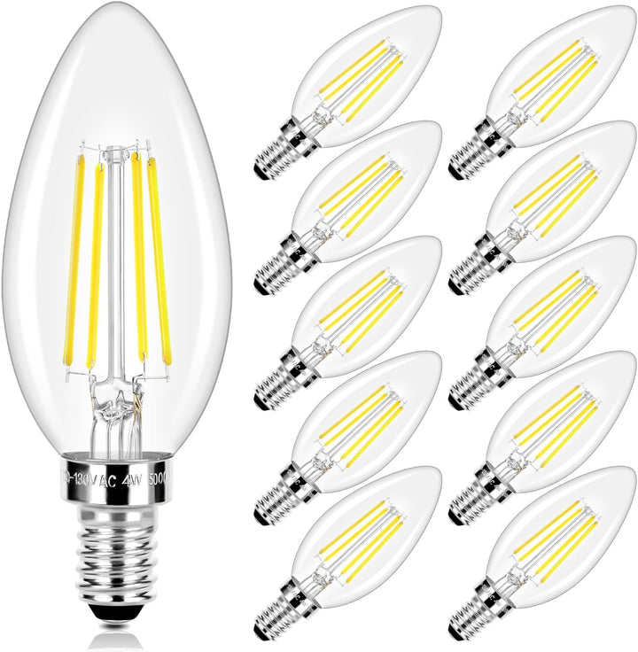 10-Pack of 4W E12 Candelabra LED Bulbs, 40W Equivalent, 470 Lumens, 5000K Daylight White, Classic Filament Design, Non-Dimmable Decorative Lighting for Lamps