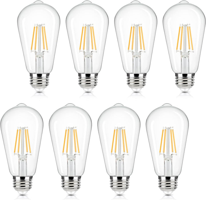 Vintage LED Edison Bulbs - 8 Pack, 60W Equivalent, 6W ST58 2700K Warm White, E26 Base, Clear Glass for Home & Office, Non-Dimmable