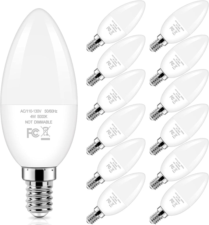 4W Candelabra LED Light Bulbs - 40W Equivalent, Daylight White 5000K, E12 Base for Chandelier & Ceiling Fans, 12 Pack