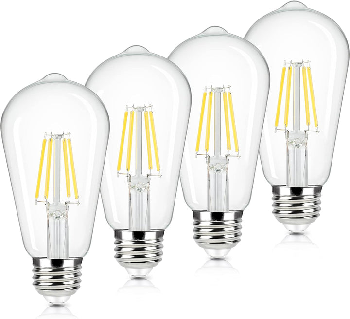 Vintage LED Edison Bulbs - 4 Pack, 60W Equivalent, 6W ST58 4000K Daylight White, E26 Base, Clear Glass, Non-Dimmable