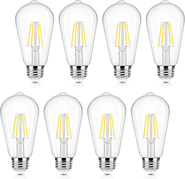 Vintage LED Edison Bulbs - 8 Pack, 60W Equivalent, 6W ST58 4000K Daylight White, E26 Base, Clear Glass, Non-Dimmable