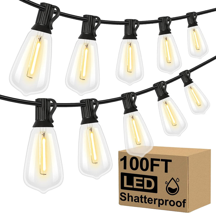 100ft Outdoor Patio String Lights - 52 Vintage Edison 2700K Dimmable LED Bulbs, Waterproof for Garden, Backyard, Balcony