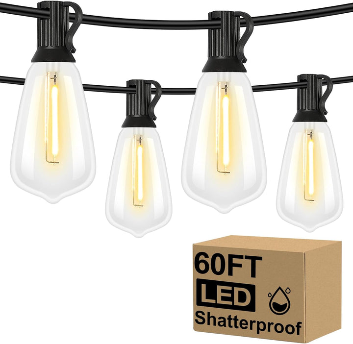 Dimmable LED 60FT Outdoor String Lights - 32 Shatterproof ST38 Vintage Edison Bulbs for Patio, Deck, Garden, Backyard, Balcony (2700K)