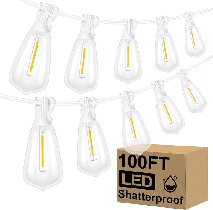 100ft Outdoor String Lights with 52 Dimmable 2700K Vintage Edison Bulbs - Waterproof Patio Lights for Porch, Deck, Garden, Backyard & Balcony (White)