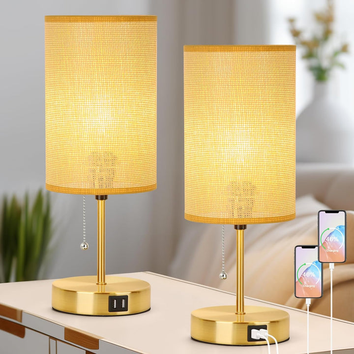 Lakumu Set of 2 Vintage Bedside Table Lamps with 2 USB Ports - Rattan Desk Lamps with Pull Chain, Bamboo Woven Lampshade & Gold Metal Base for Bedroom, Living Room